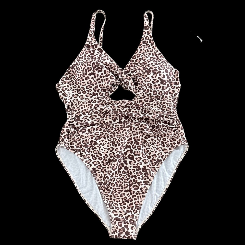 Tahari Animal Print Twist Front One Piece Swimsuit XL Brown Leopard Beach Resort